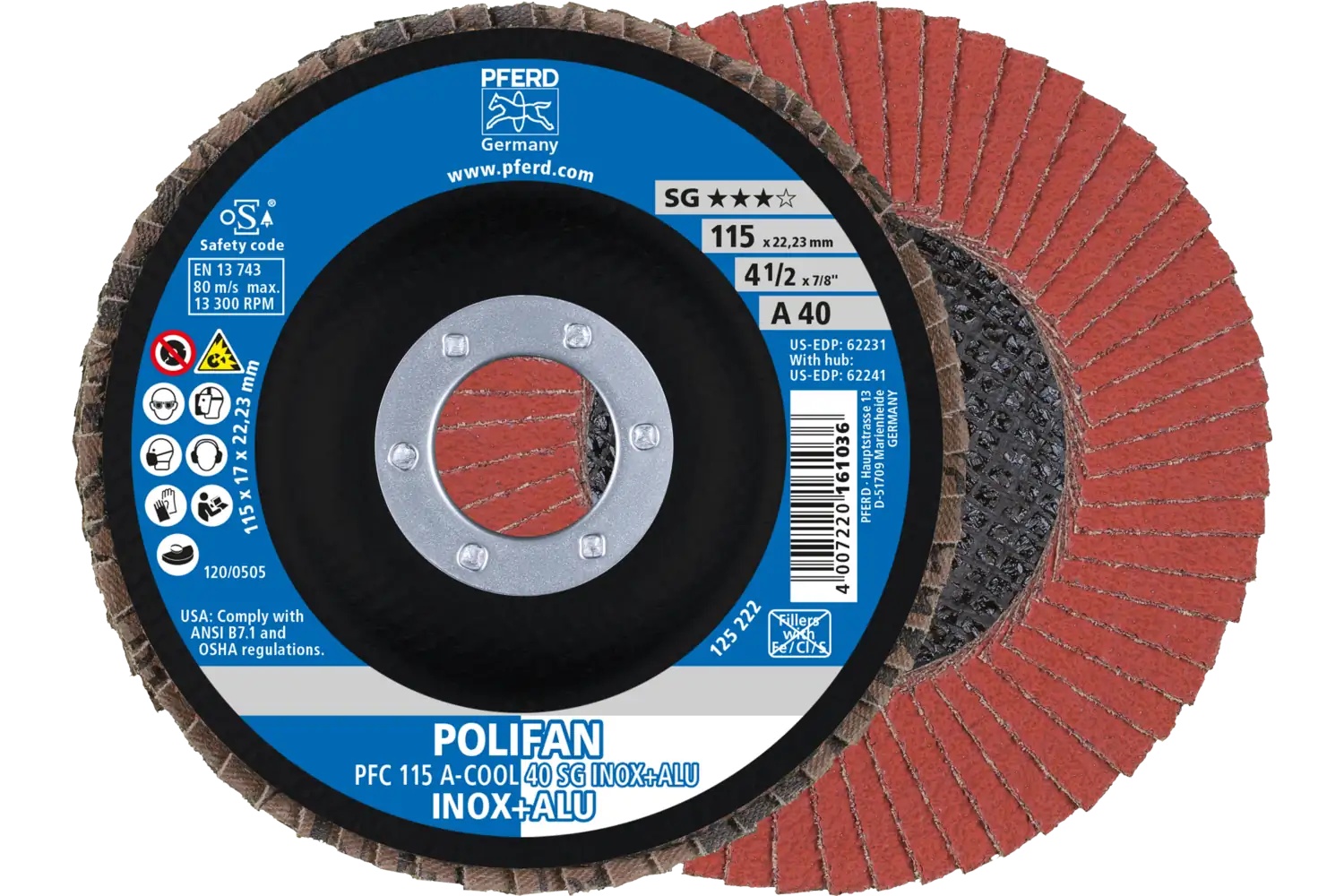 Picture of Pferd Flap Disc, 4-1/2" x 7/8, A-Cool SG Inox+ALU, 40 Grit, T29, Conical, Aluminum oxide